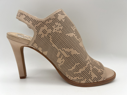 Kahverengi / Bej Süet Deri Ayakkabı Burnu Açık Yuvarlak Burunlu Stiletto Topuk Sandalet