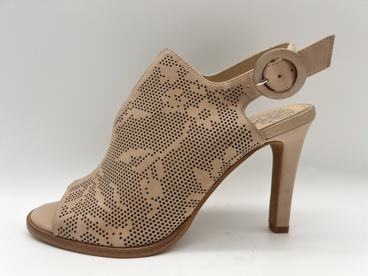 Kahverengi / Bej Süet Deri Ayakkabı Burnu Açık Yuvarlak Burunlu Stiletto Topuk Sandalet