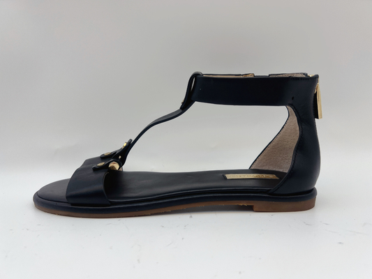 Bayan Siyah T Kayış Düz Ayakkabı Peep Toe Yumuşak Nappa Hakiki Deri Retro Roma Sandalet