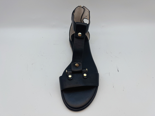 Bayan Siyah T Kayış Düz Ayakkabı Peep Toe Yumuşak Nappa Hakiki Deri Retro Roma Sandalet