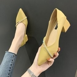 Yeni tasarım bahar moda sivri tek ayakkabı bayanlar rahat deri ayakkabı 4 cm Kare topuk kadın zarif ofis ayakkabısı