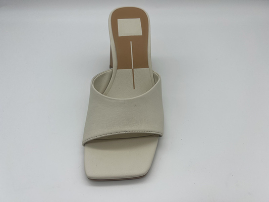 One Strap Bayan Yumuşak Deri Sandalet Kare Burunlu Bayan Bej Topuklu Sandalet